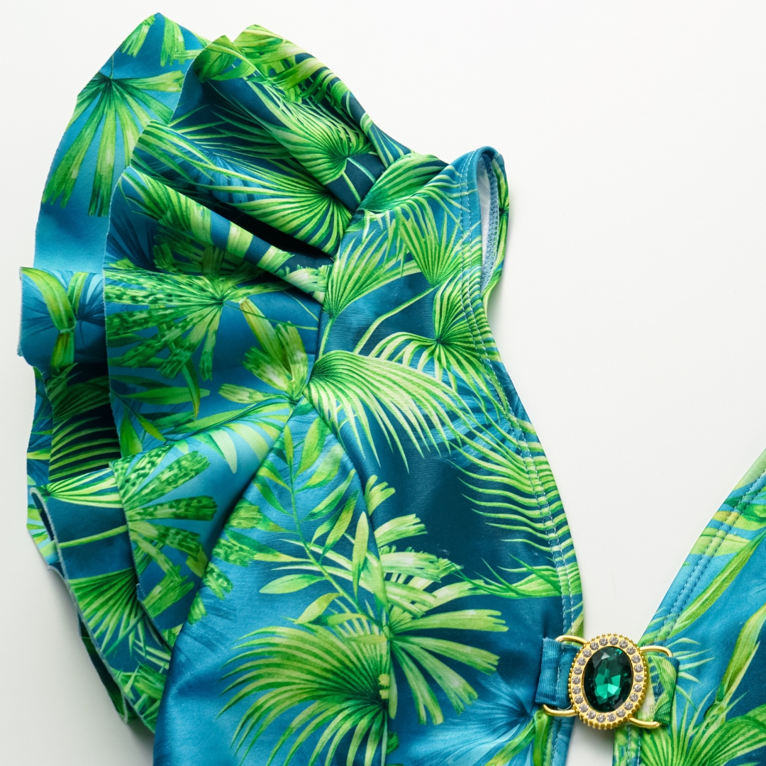 Ruffled Jungle Green Print One Piece  Swimsuit and Skirt