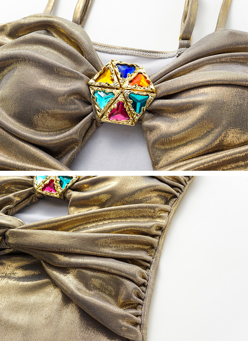 Stone Decoration Shiny One Piece Swimsuit and Skirt