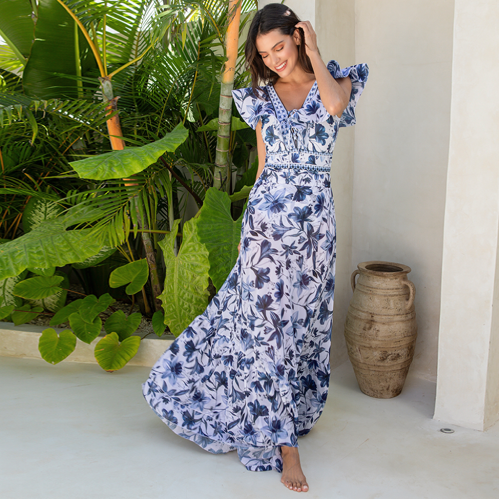 V Neck Ruffle Lace Up Printed One Piece Swimsuit and Skirt