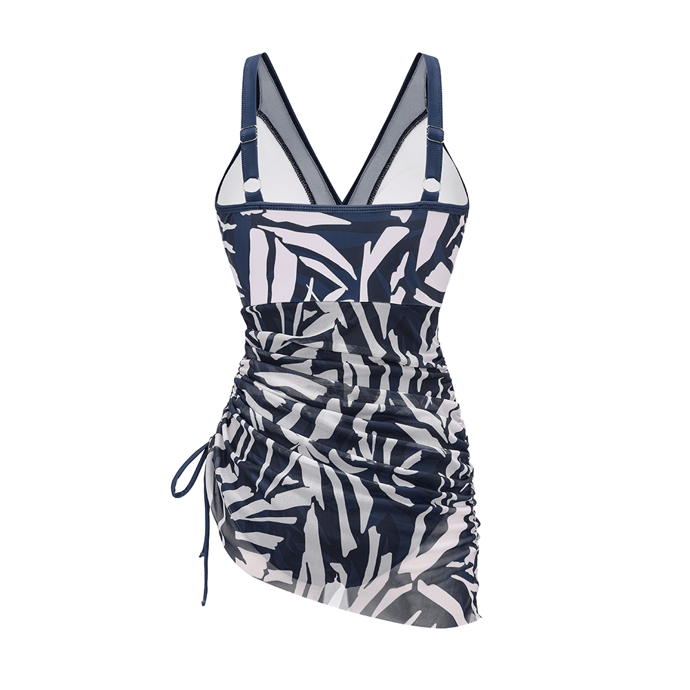Tummy Control Slimming Mesh Sheer Sarong Wraps Bathing Suit Swim Dress