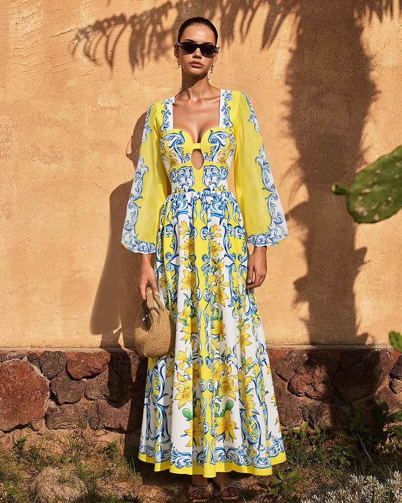 Printed Sicily Long Sleeved One Piece Swimsuit and Skirt