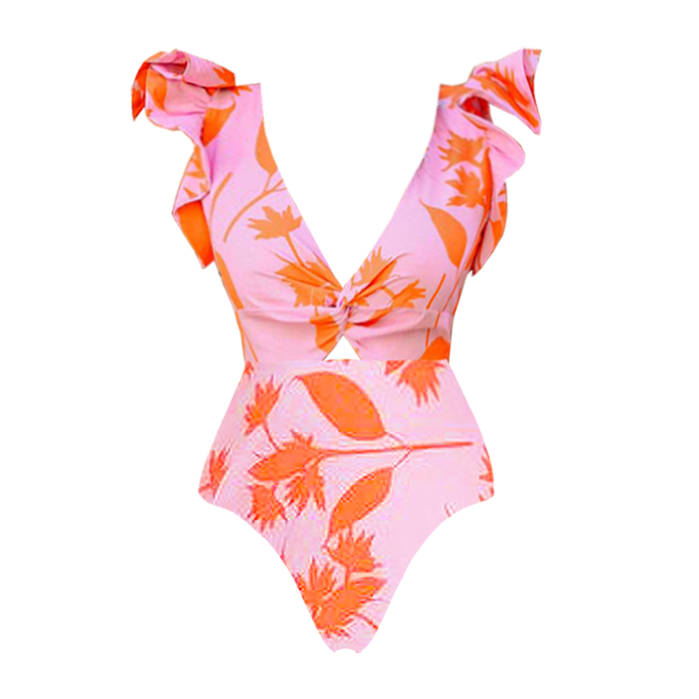 V-neck Orange Leaf Printed One Piece Swimsuit and Skirt