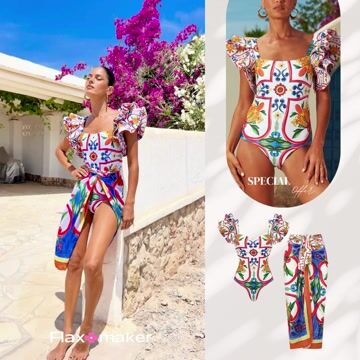 Ruffle Sleeves  Paisley-print  One Piece Swimsuit and Sarong or Paints Flaxmaker