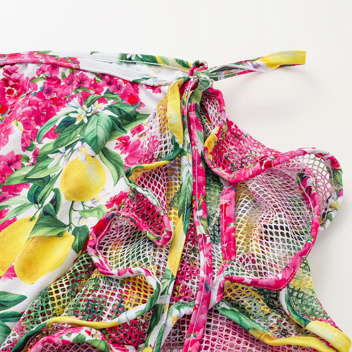 Ruffled Lemon Floral Print One Piece Swimsuit and Tiered Skirt