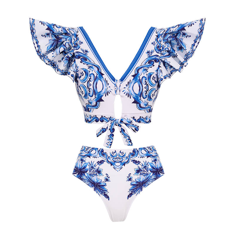 Ruffle V Neck Blue Majolica Print High Waist Bikini Swimsuit and Skirt or Pants