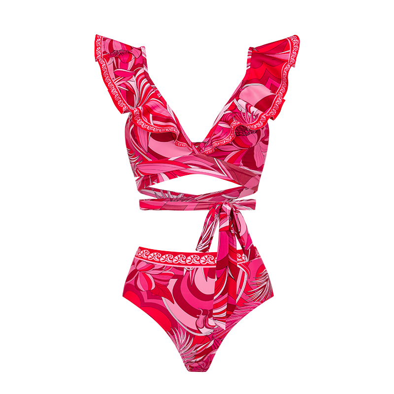 Ruffle V Neck Tie Bow Printed Strappy Bikini Swimsuit and  Sarong or Shorts