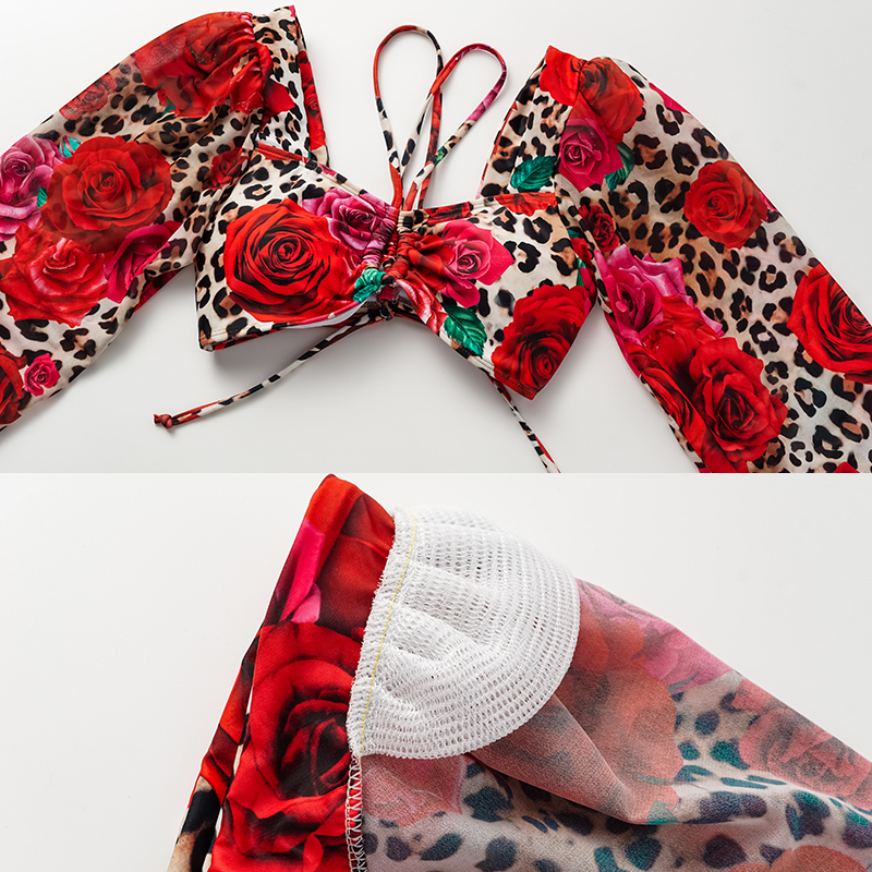 Lace Up Chiffon Long Sleeves Leopard Print High Waist Bikini Swimsuit and Skirt