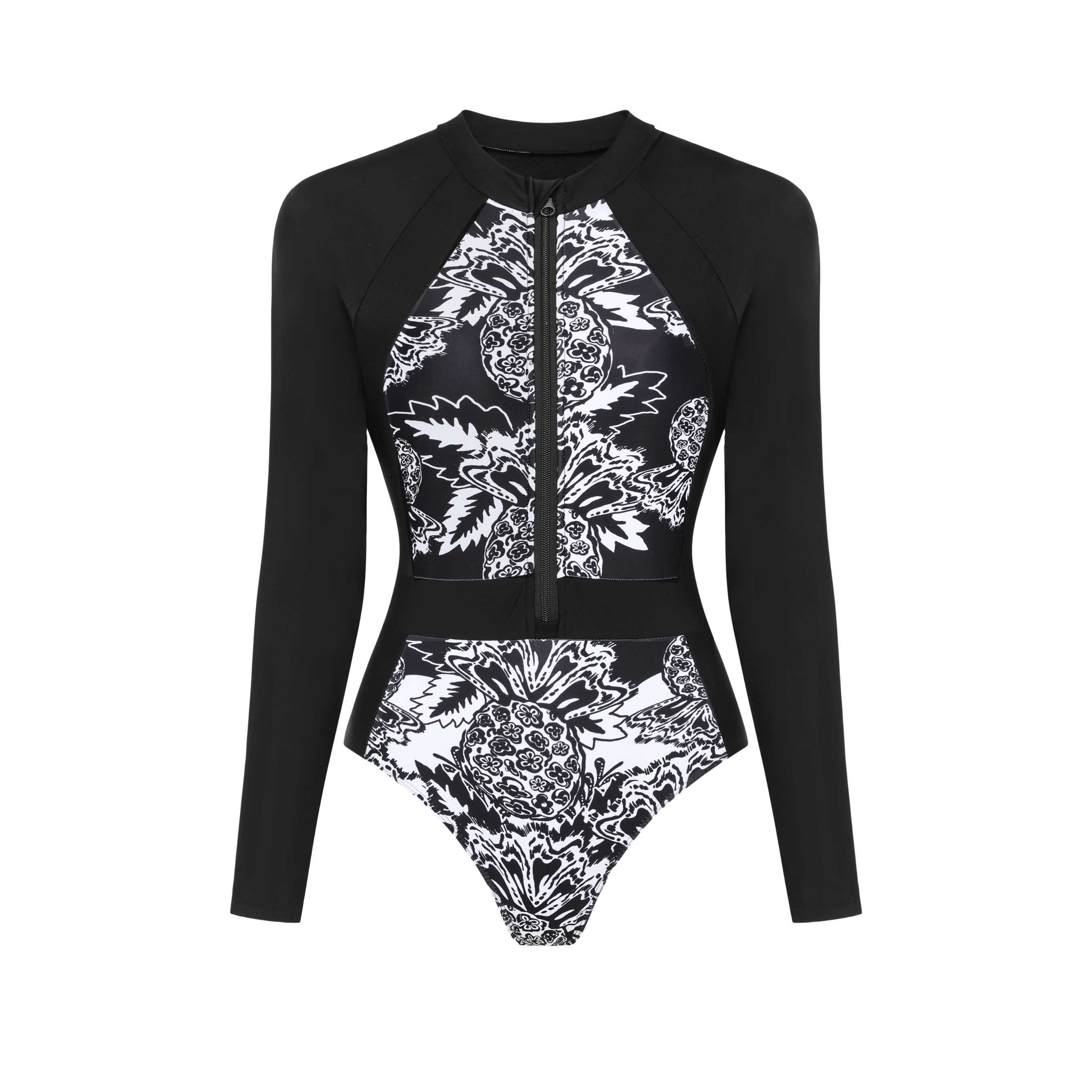 Color Block Printed Long Sleeve One Piece Surf Swimsuit and Skirt