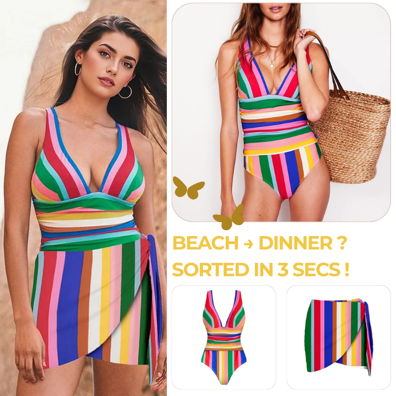 Colorful Stripe Print V-neck One Piece Swimsuit and Skirt