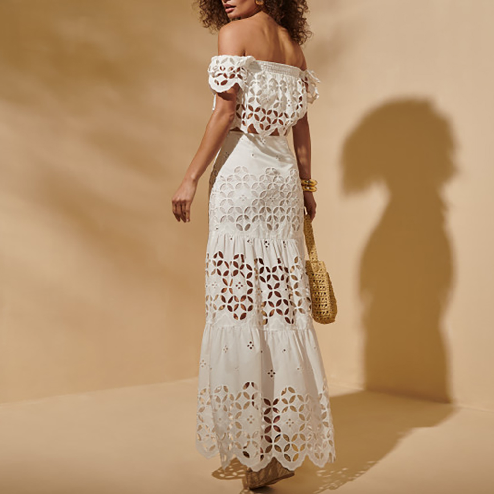 White Laser Hollowing Bikini Swimsuit and Skirt