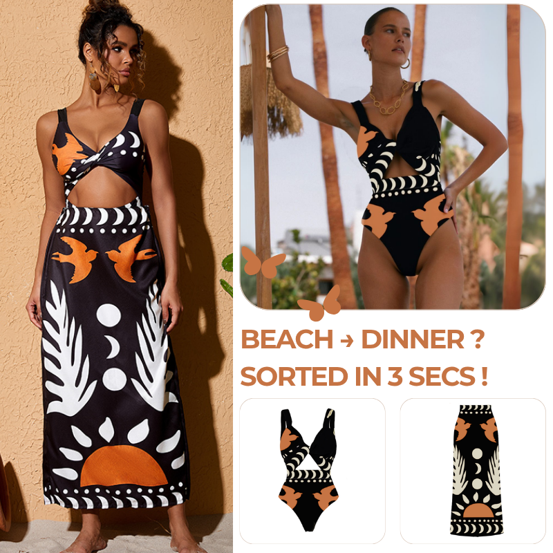 Retro Print Cutout One Piece Swimsuit and Skirt Flaxmaker
