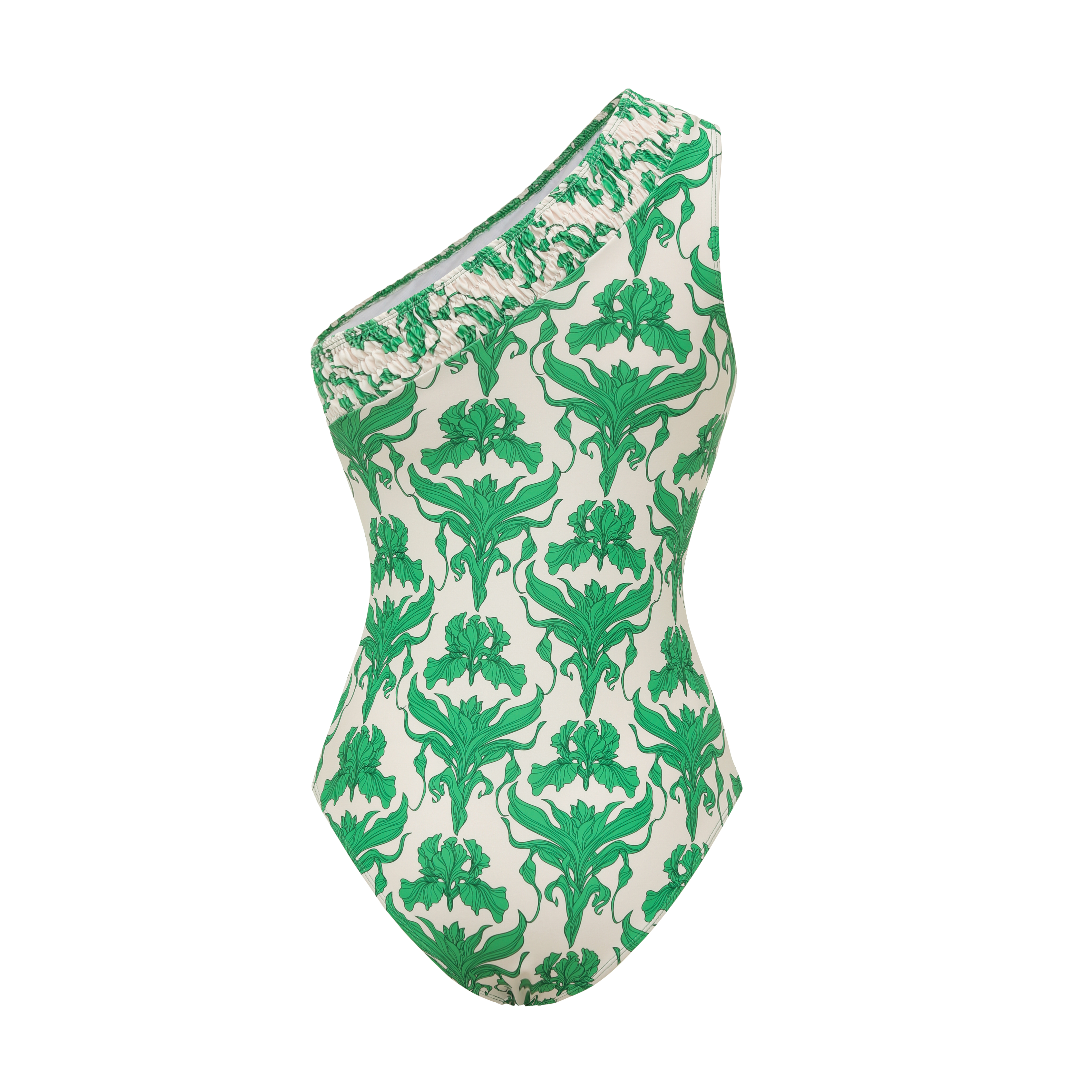One Shoulder Shirring Iris Print One Piece Swimsuit and Skirt