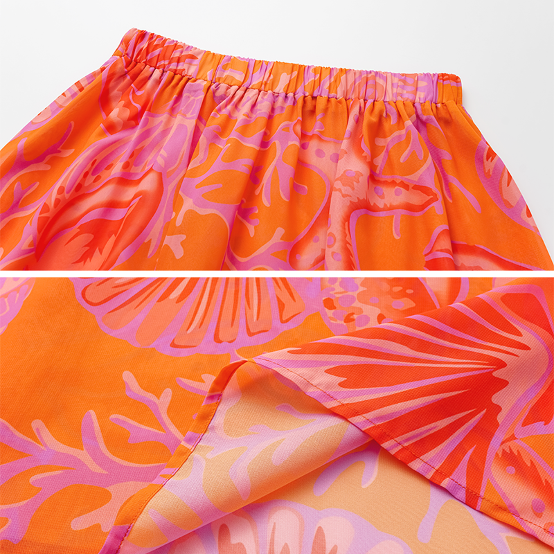 Long-sleeved V Neck Marine Plant Pattern Print One Piece Swimsuit and Skirt