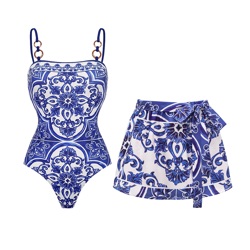 Sling Classic Majolica Series Pattern Print One Piece Swimsuit and Skirt or Shorts