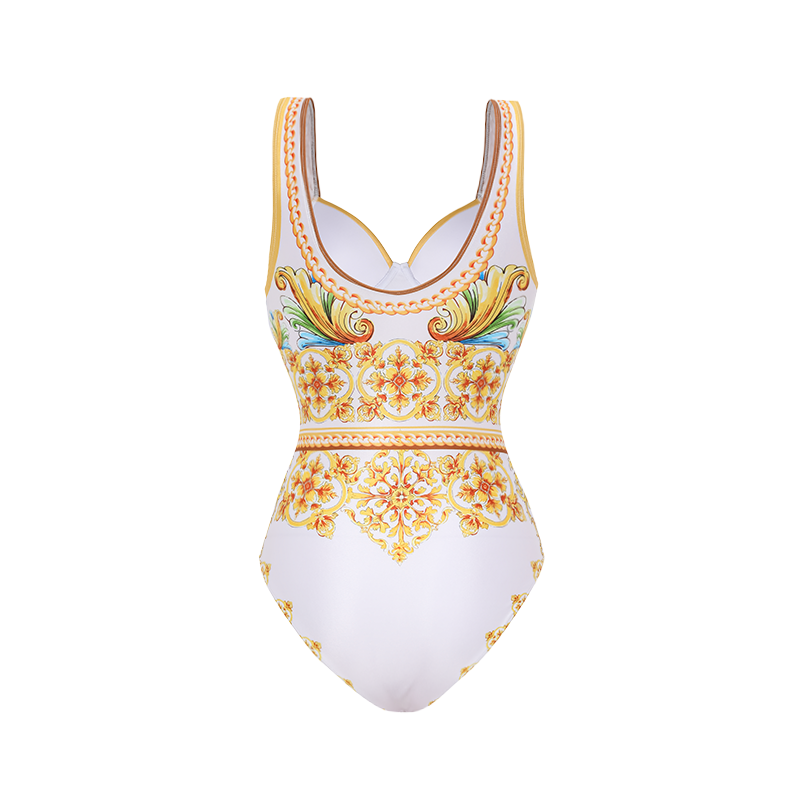 Sling Chest Support Golden Majolica Print One Piece Swimsuit and Sarong or Shorts