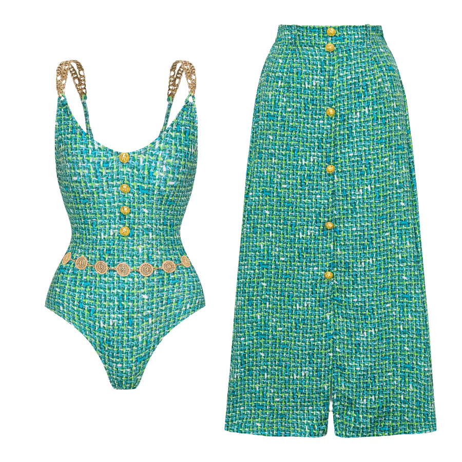 Tweed Print Metal Buckle One Piece Swimsuit and Skirt