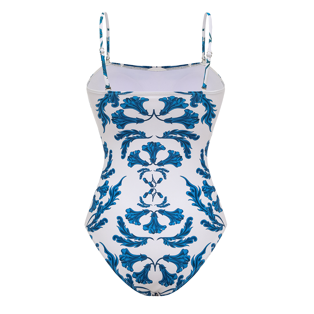 Strapless Style Frilled Printed One Piece Swimsuit and Skirt