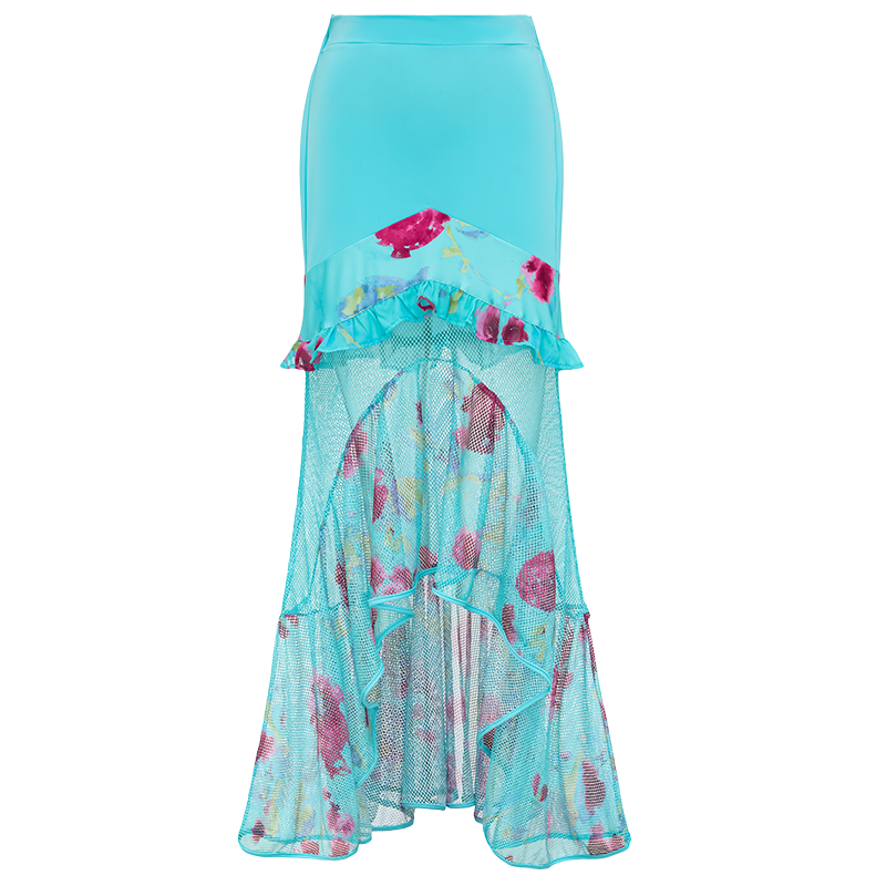 Bow Decor Blue and Pink One Piece Swimsuit and Skirt