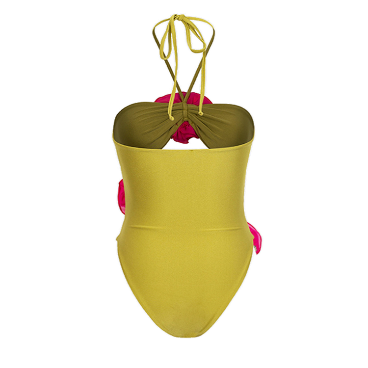 3D Flower Halter Cut Out One Piece Swimsuit and Skirt Flaxmaker