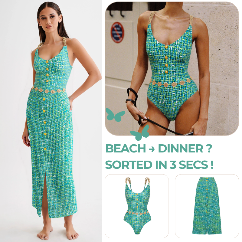 Tweed Print Metal Buckle One Piece Swimsuit and Skirt