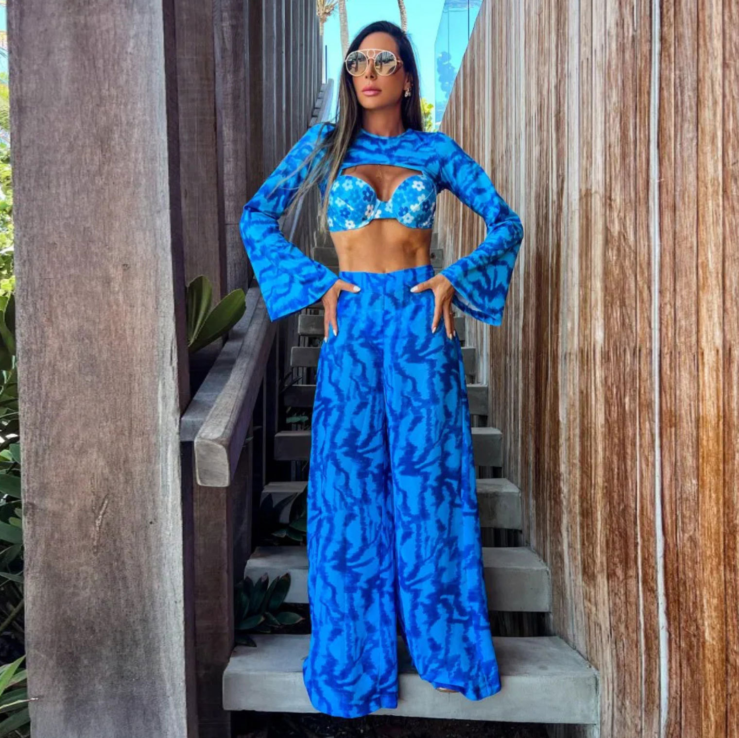 Long Sleeve  Floral Print Bikini Swimsuit and Pants