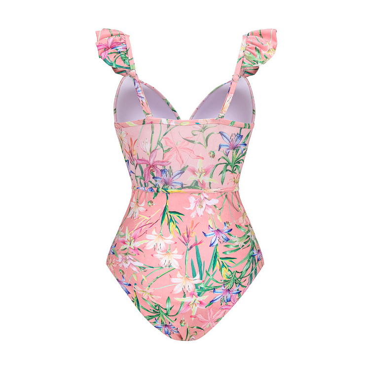 Floral Print One Piece Swimsuit and Mesh Splicing Skirt Flaxmaker