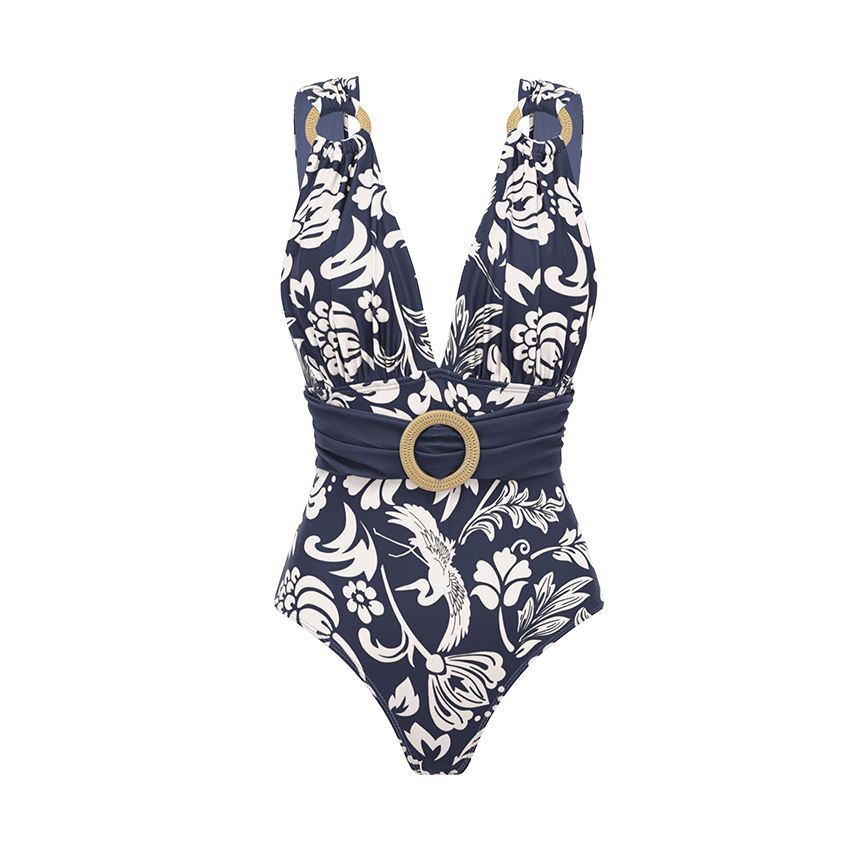 V Neck O-ring Blue Printed Swimsuit Set(s)