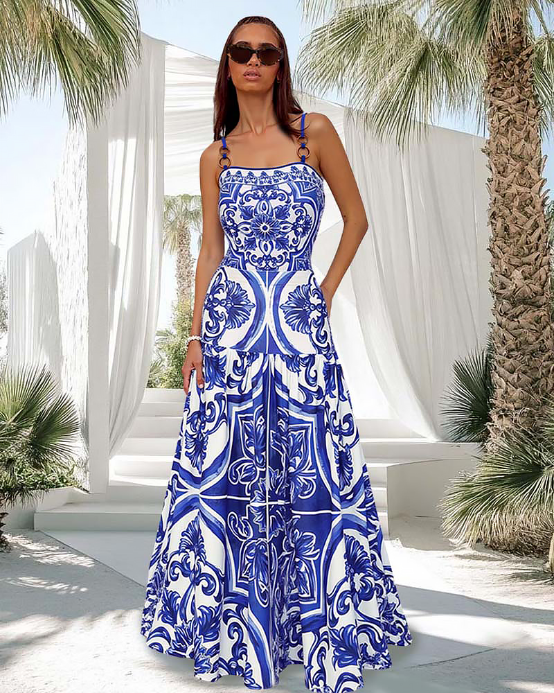 Sling Classic Majolica Series Pattern Print One Piece Swimsuit and Skirt or Shorts