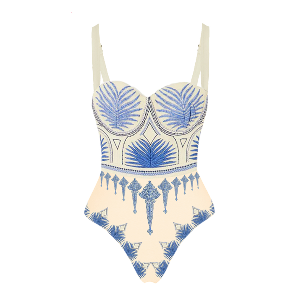 Blue Ethnic Print One Piece Swimsuits and Skirt Flaxmaker