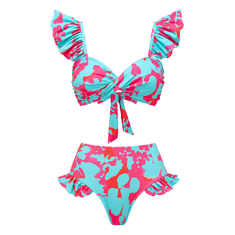 Printed Ruffled Starp High Waist Bikini Swimsuit and Skirt Flaxmaker