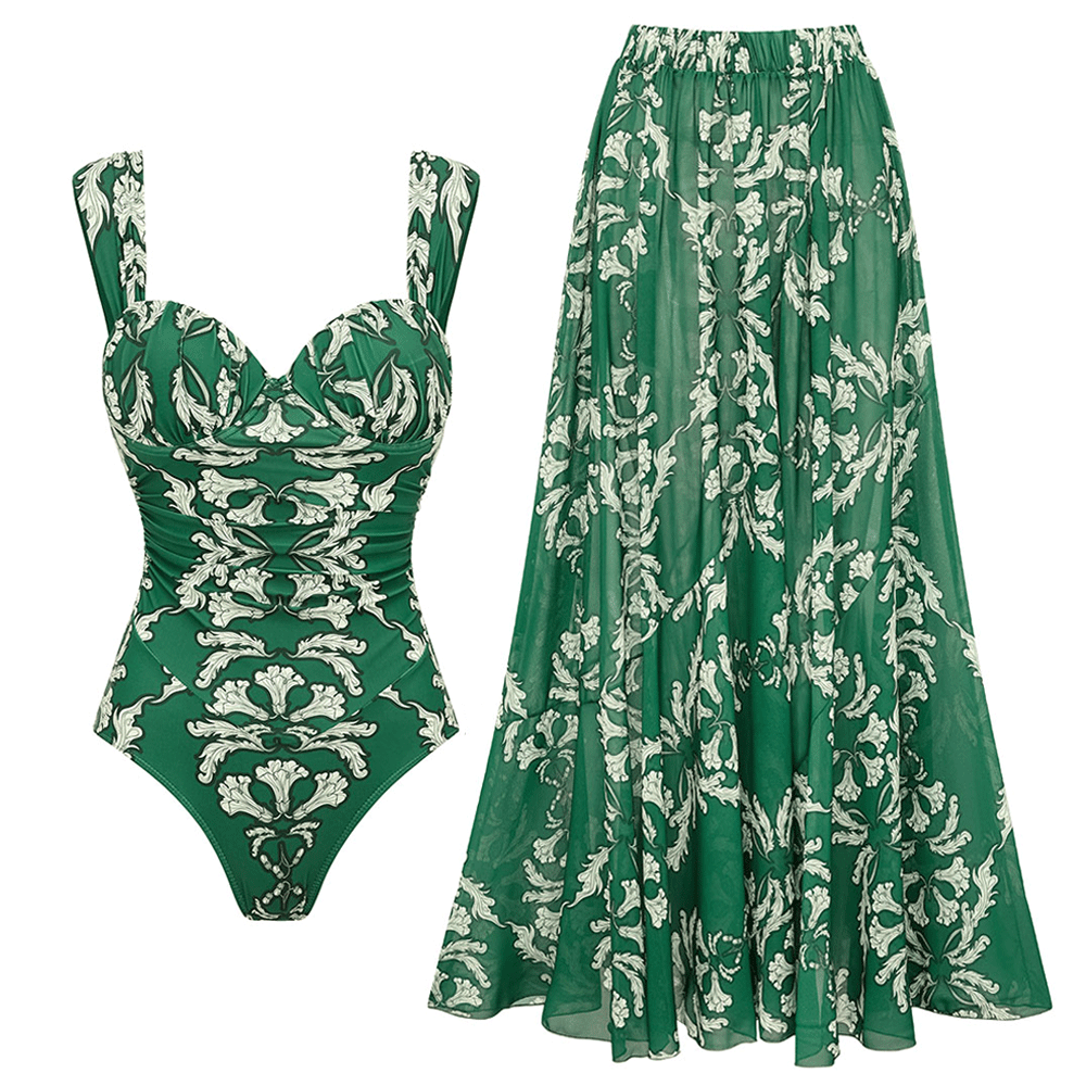 Sling Underwired Shirring Printed One Piece Swimsuit and Skirt