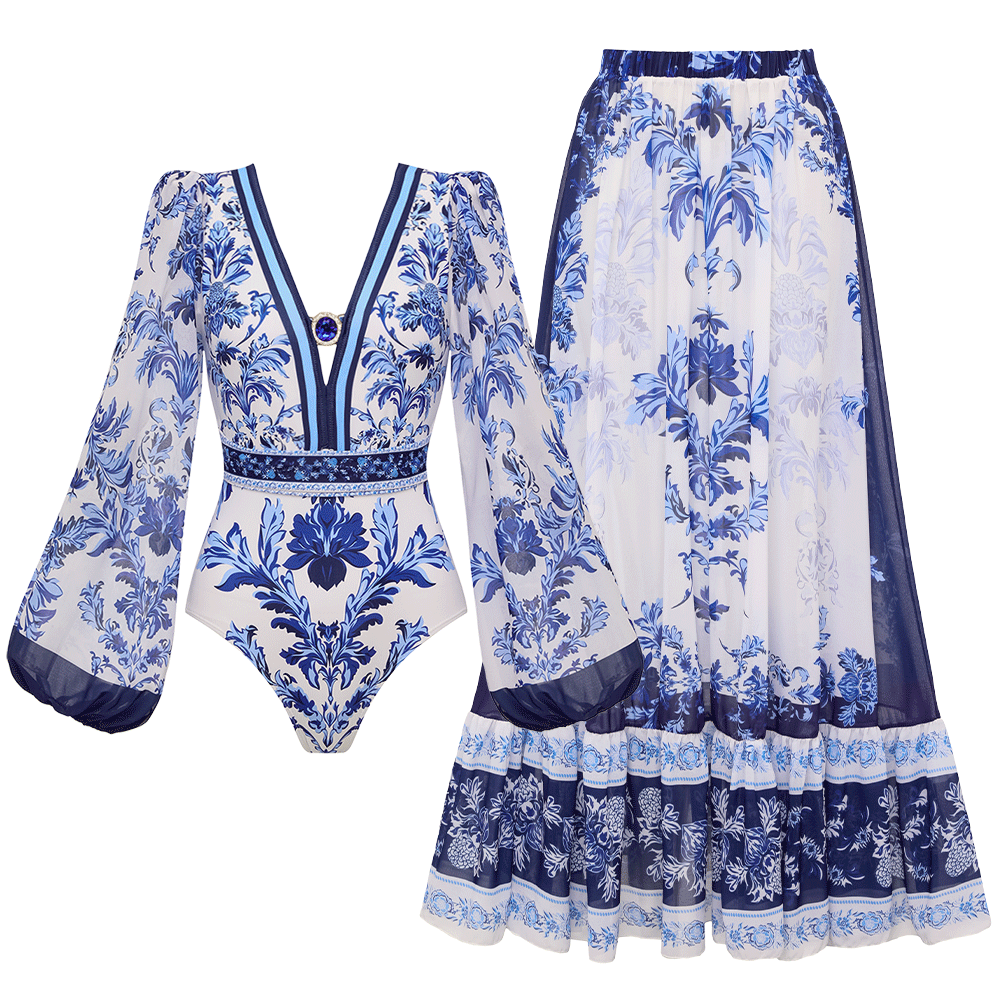 Long Sleeve Flower Color Block Print One Piece Swimsuit and Skirt/Pants