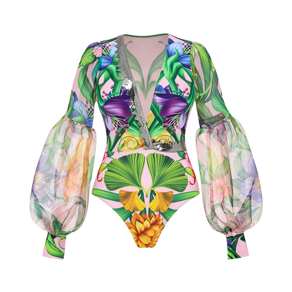 V-neck Long Sleeve Flowers Printed One Piece Swimsuit and Skirt Flaxmaker