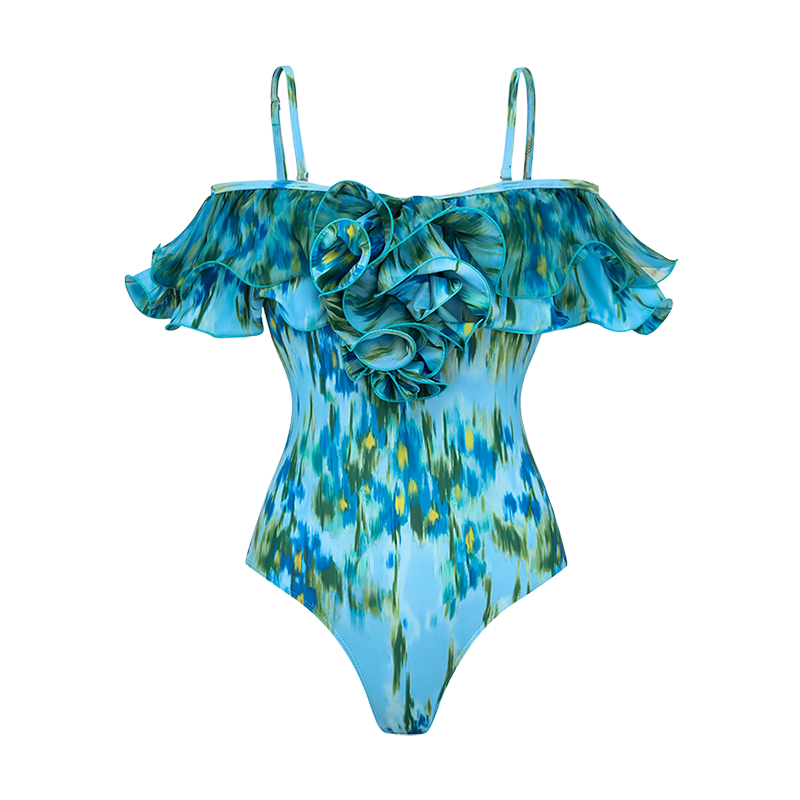Removable Shoulder Strap Off Shoulder Ruffle Abstract Pattern Print One piece Swimsuit and Skirt
