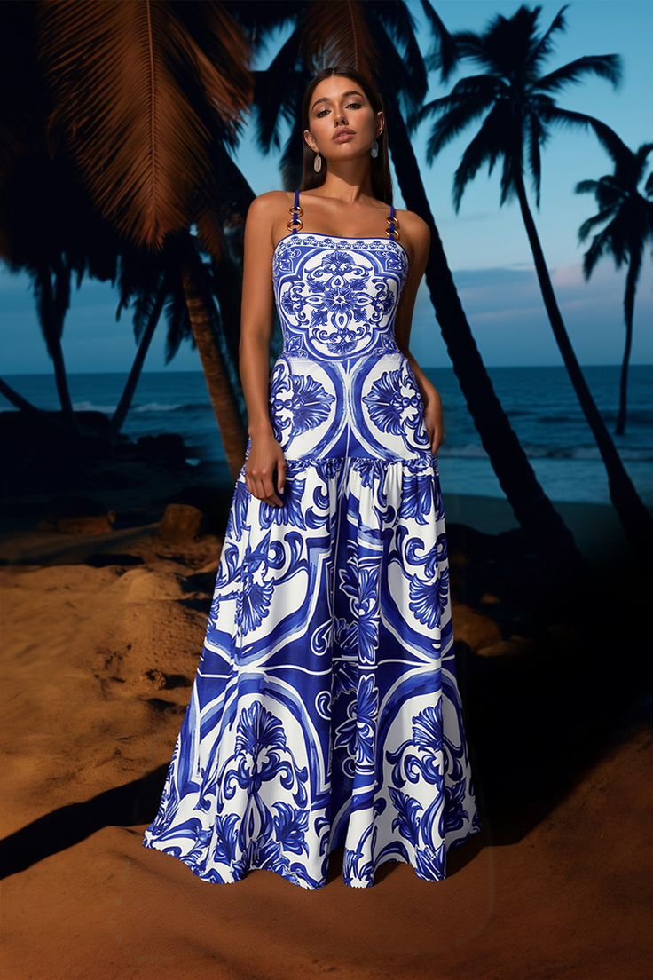 Sling Classic Majolica Series Pattern Print One Piece Swimsuit and Skirt or Shorts