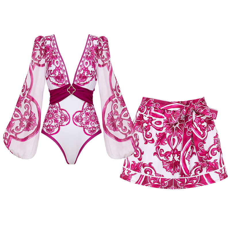 Long Sleeves Classic Majolica Series Pattern Print One Piece Swimsuit and Skirt or Shorts