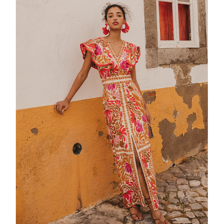 V Neck Retro Printed Backless Dress