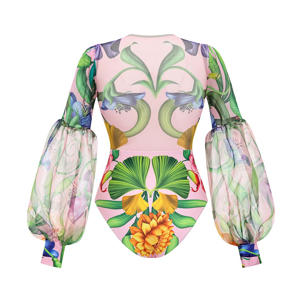 V-neck Long Sleeve Flowers Printed One Piece Swimsuit and Skirt Flaxmaker