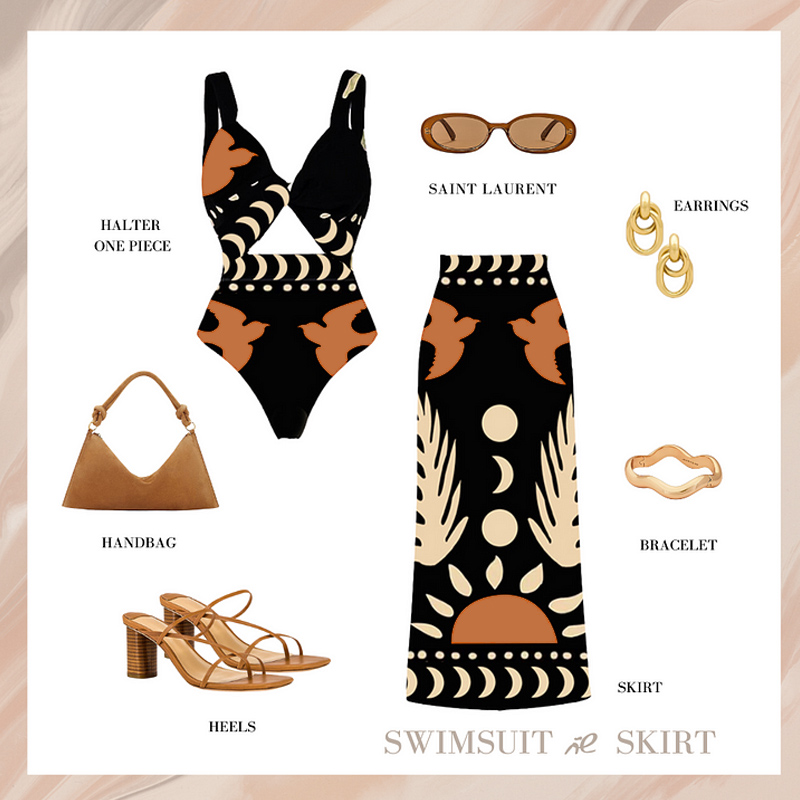 Retro Print Cutout One Piece Swimsuit and Skirt Flaxmaker