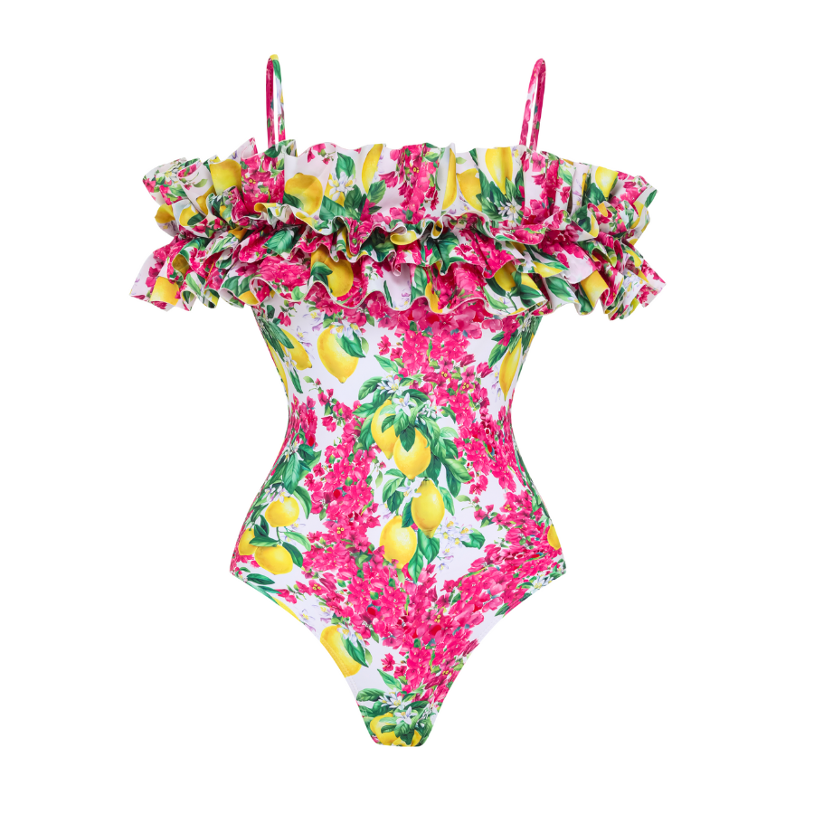 Bandeau Ruffled Lemon Floral Print One Piece Swimsuit and Mesh Splicing Sarong
