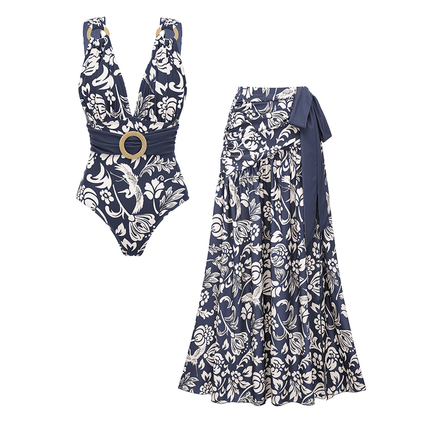 V Neck O-ring Blue Printed Swimsuit Set(s)