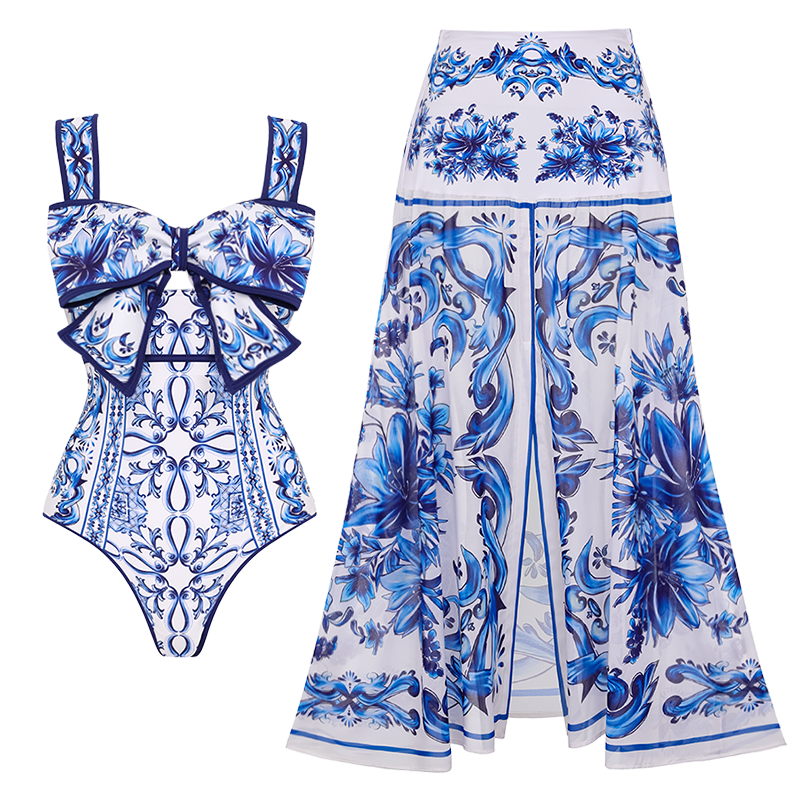 Bow Decor Majolica Print One Piece Swimsuit and Skirt or Pants