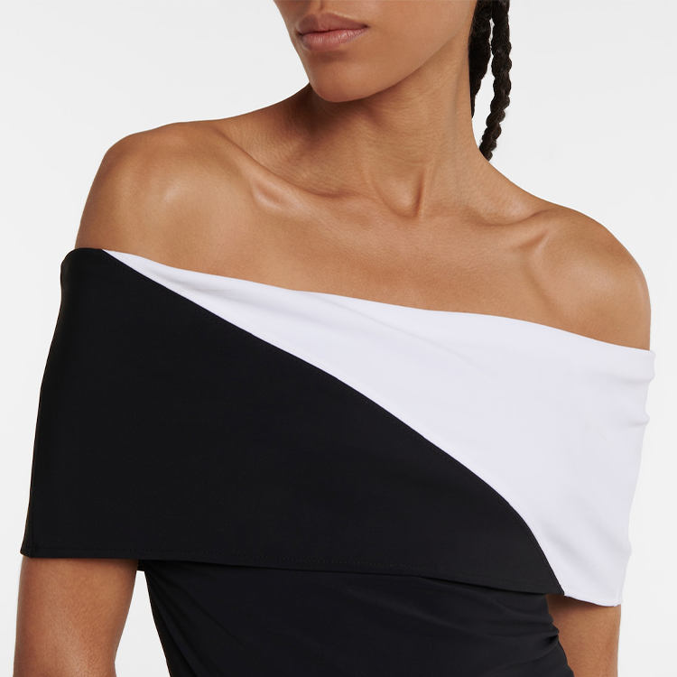 Off Shoulder Color Block One Piece Swimsuit and Skirt