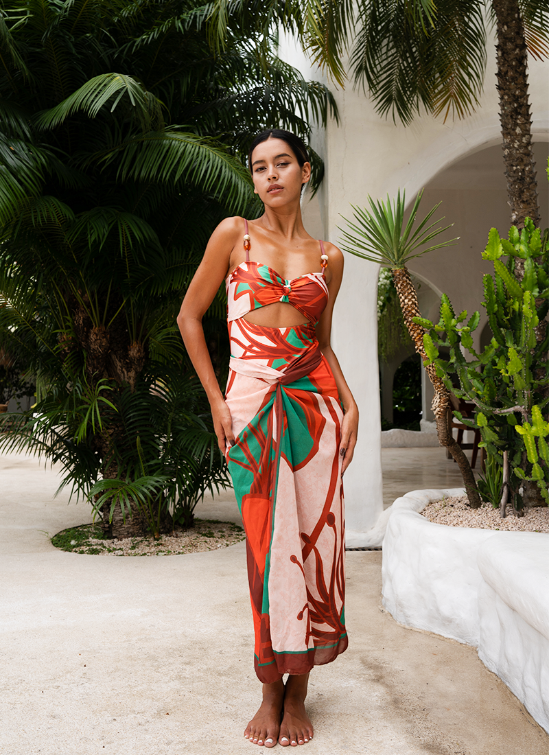 Sling Cut Out Artificial Stone One Piece Swimsuit and Sarong Flaxmaker