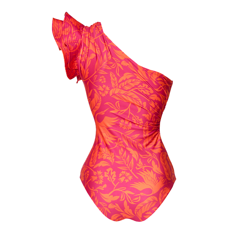 Ruffle One Shoulder Printed One Piece Swimsuit and Skirt Flaxmaker