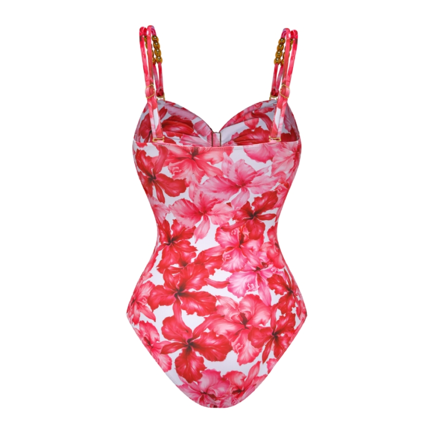 Cutout Flower Print One Piece Swimsuit and Skirt Flaxmaker