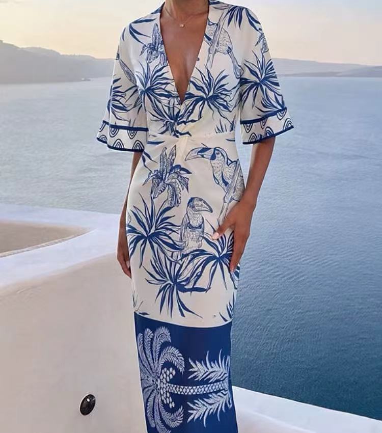 Blue Palm Print Midi Dress