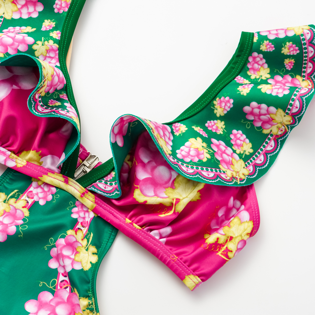 Ruffled Deep V Cutout Retro Green Grapes Print One Piece Swimsuit and Skirt