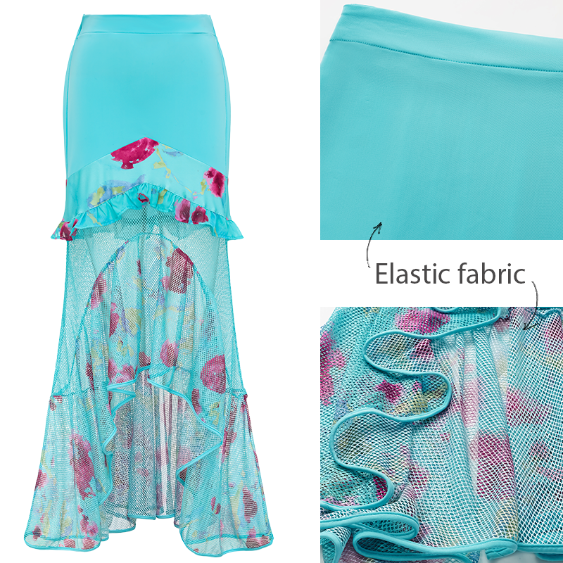 Bow Decor Blue and Pink One Piece Swimsuit and Skirt