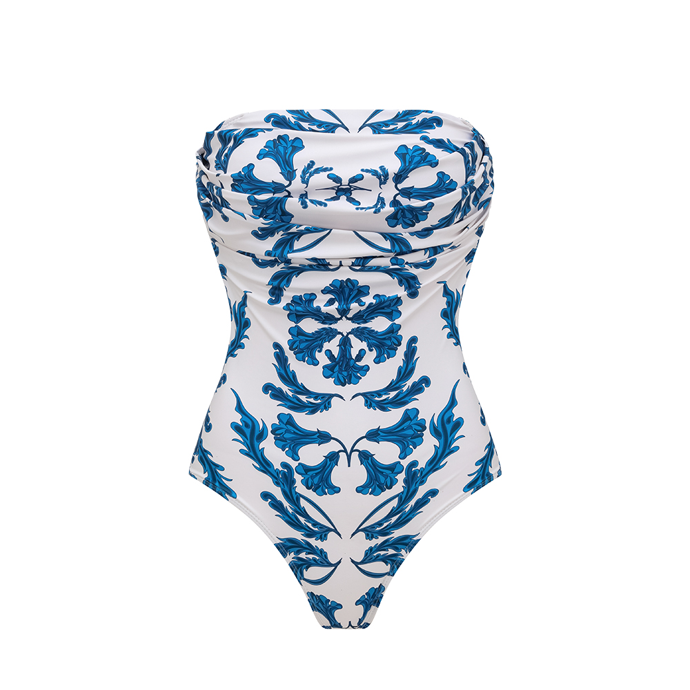 Strapless Style Frilled Printed One Piece Swimsuit and Skirt